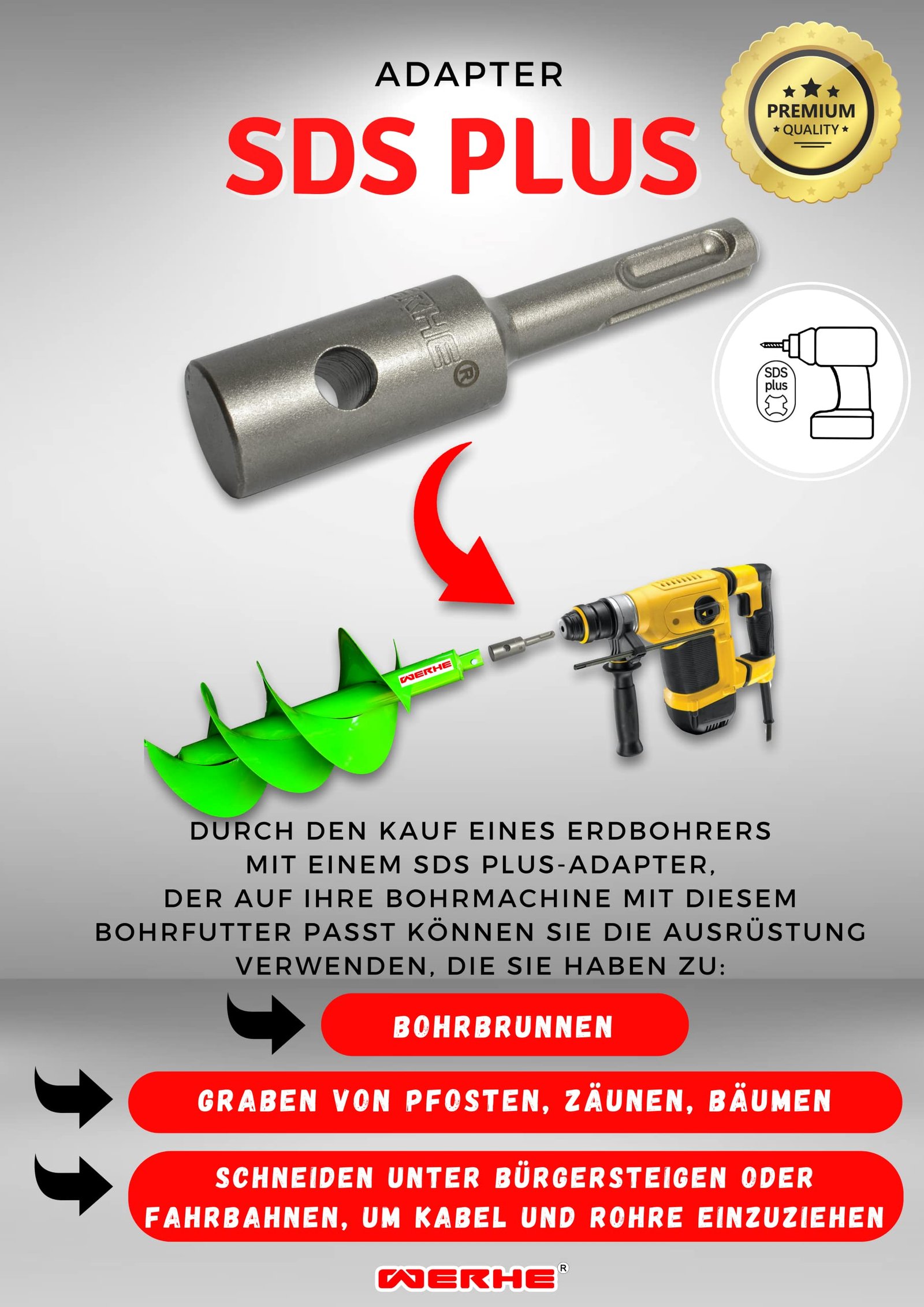 WERHE Profi Adapter für Erdbohrer – SDS Plus kompatibel – Stabil für Zaunbau & Garten – Grau - Image 5
