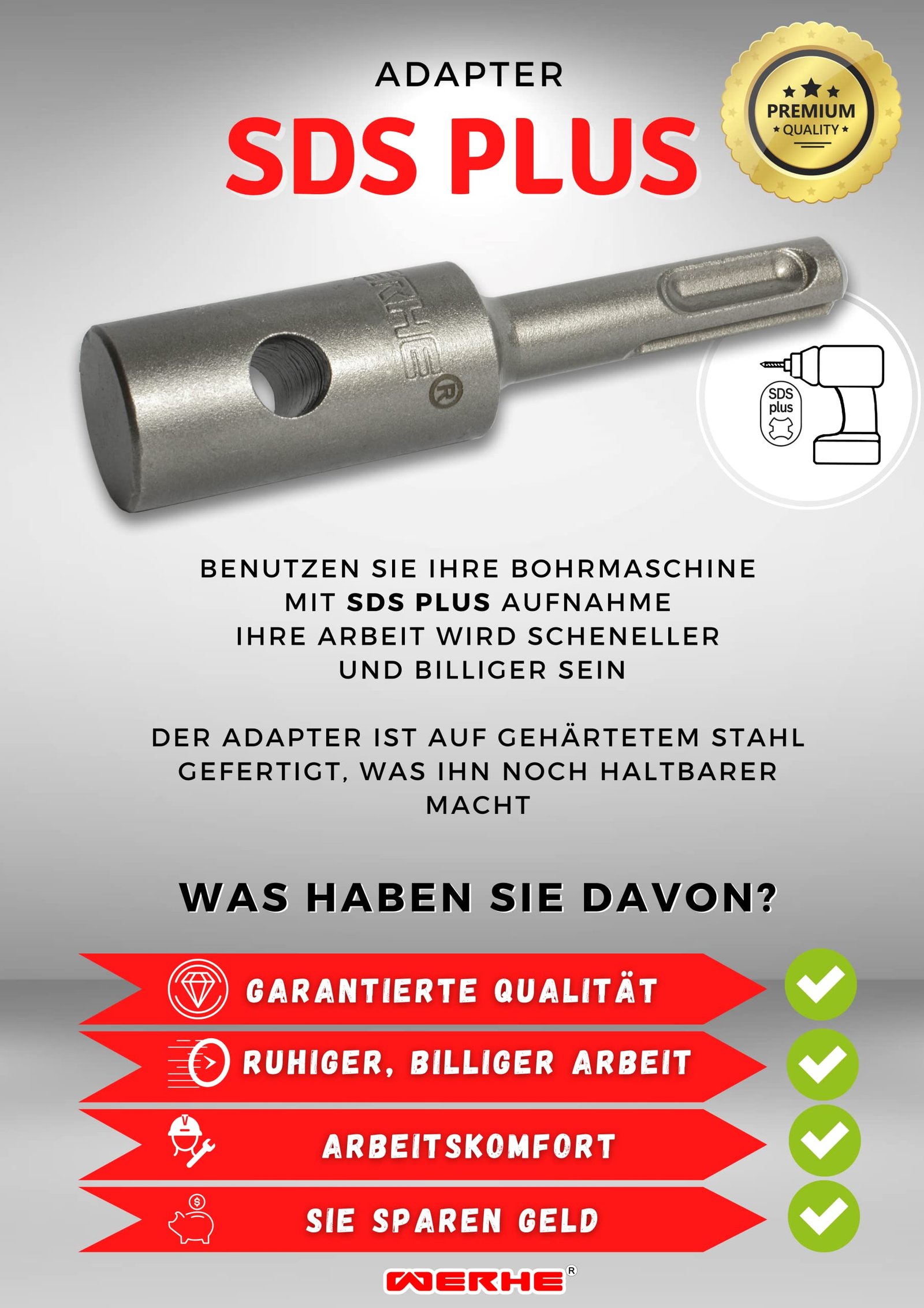 WERHE Profi Adapter für Erdbohrer – SDS Plus kompatibel – Stabil für Zaunbau & Garten – Grau - Image 8