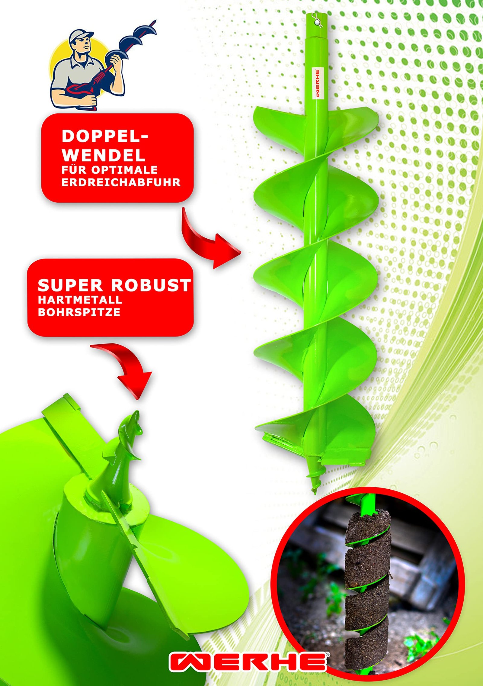 WERHE® Profi Bohrer Starker Stahl, Erdbohrer für bohrmaschine 250 mm Doppel-Welle extrem robust mit Stihl Adapter - Pfahlbohrer Brunnenbohrer präzise Bohrspitze. - Image 5