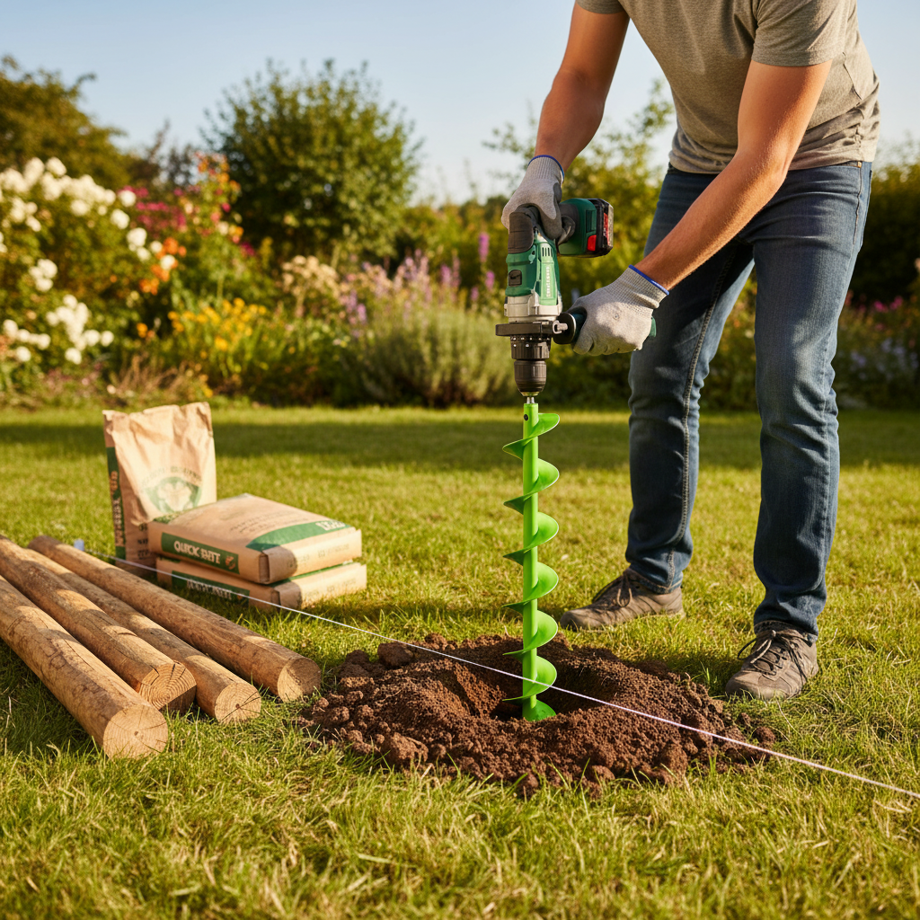 Zaunpfosten setzen mit WERHE Erdbohrer 100mm am SDS Plus Bohrhammer – Löcher bohren entlang der Richtschnur im Garten